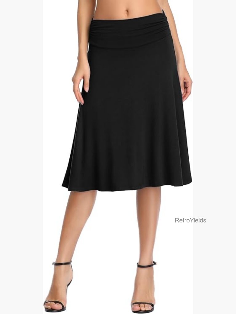 Ruched High Waist Midi A-Line Skirt Casual Stretchy Flared